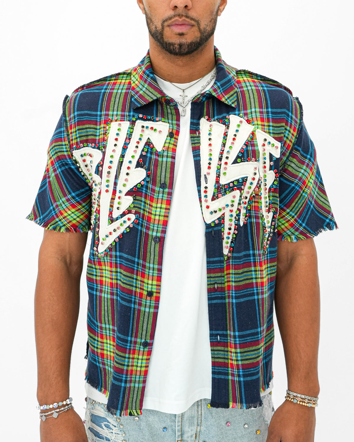 Static Fame Stoned Blue-Green Plaid Shirt