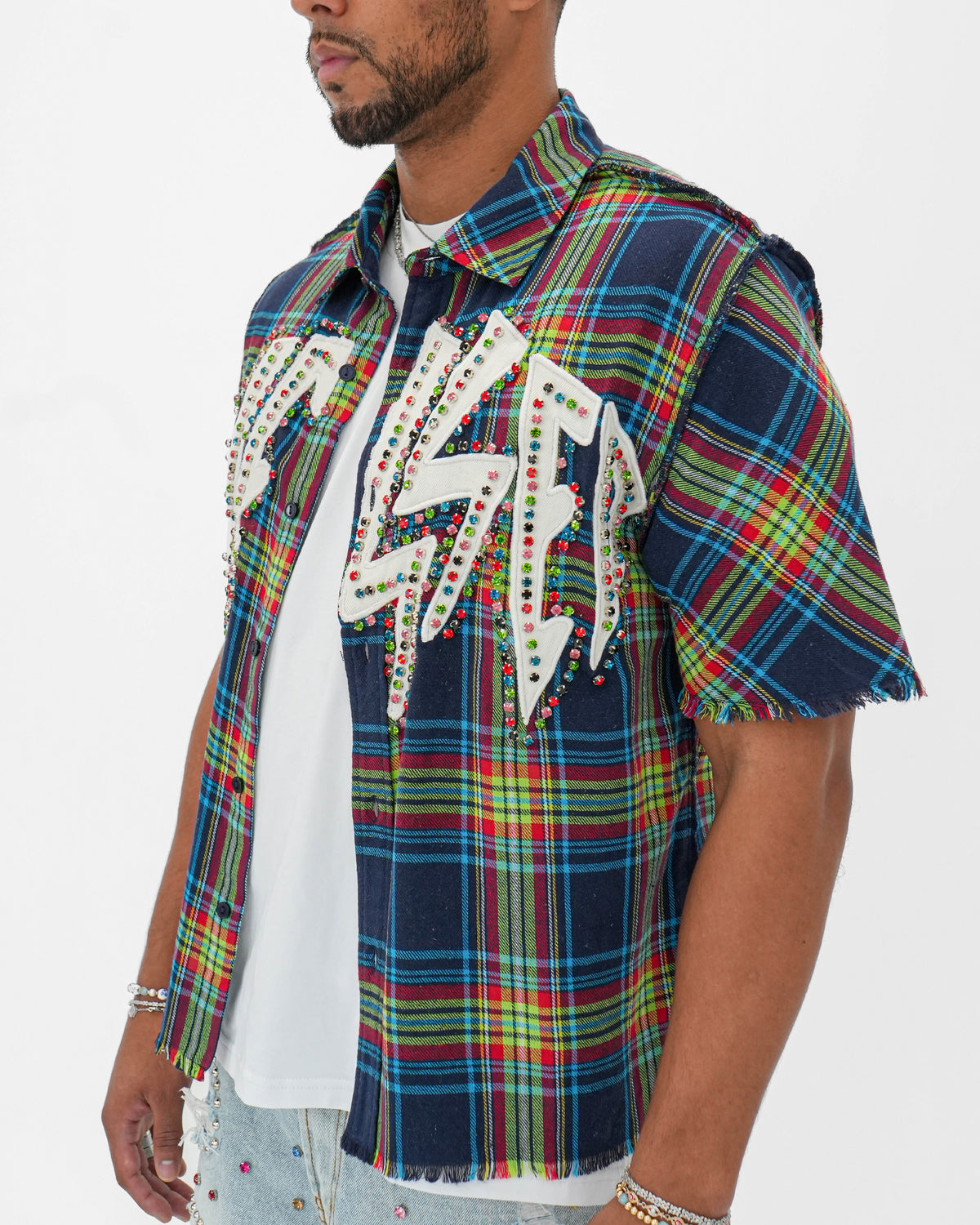 Static Fame Stoned Blue-Green Plaid Shirt