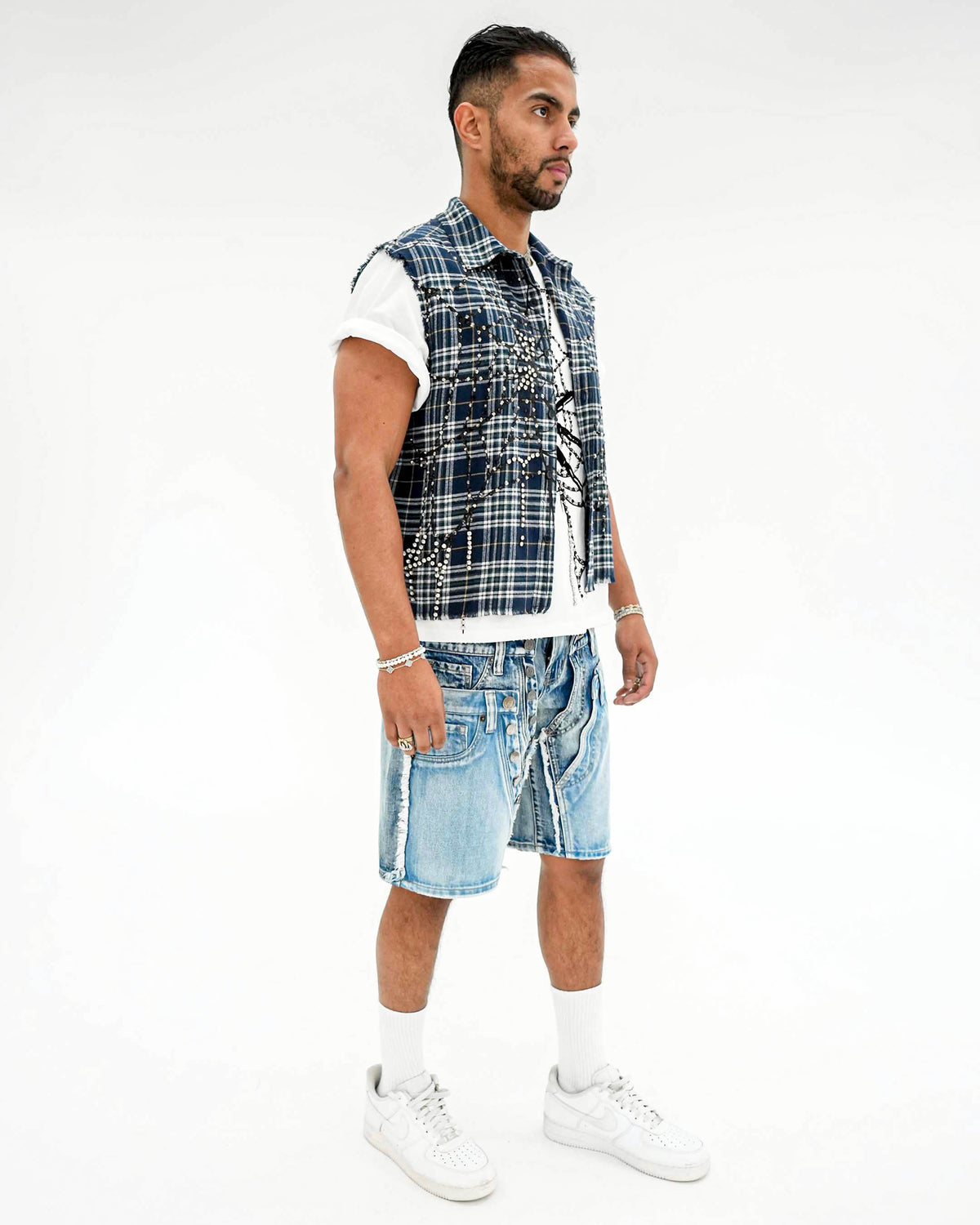 Venom Trap Stoned Blue Plaid Sleeveless Shirt