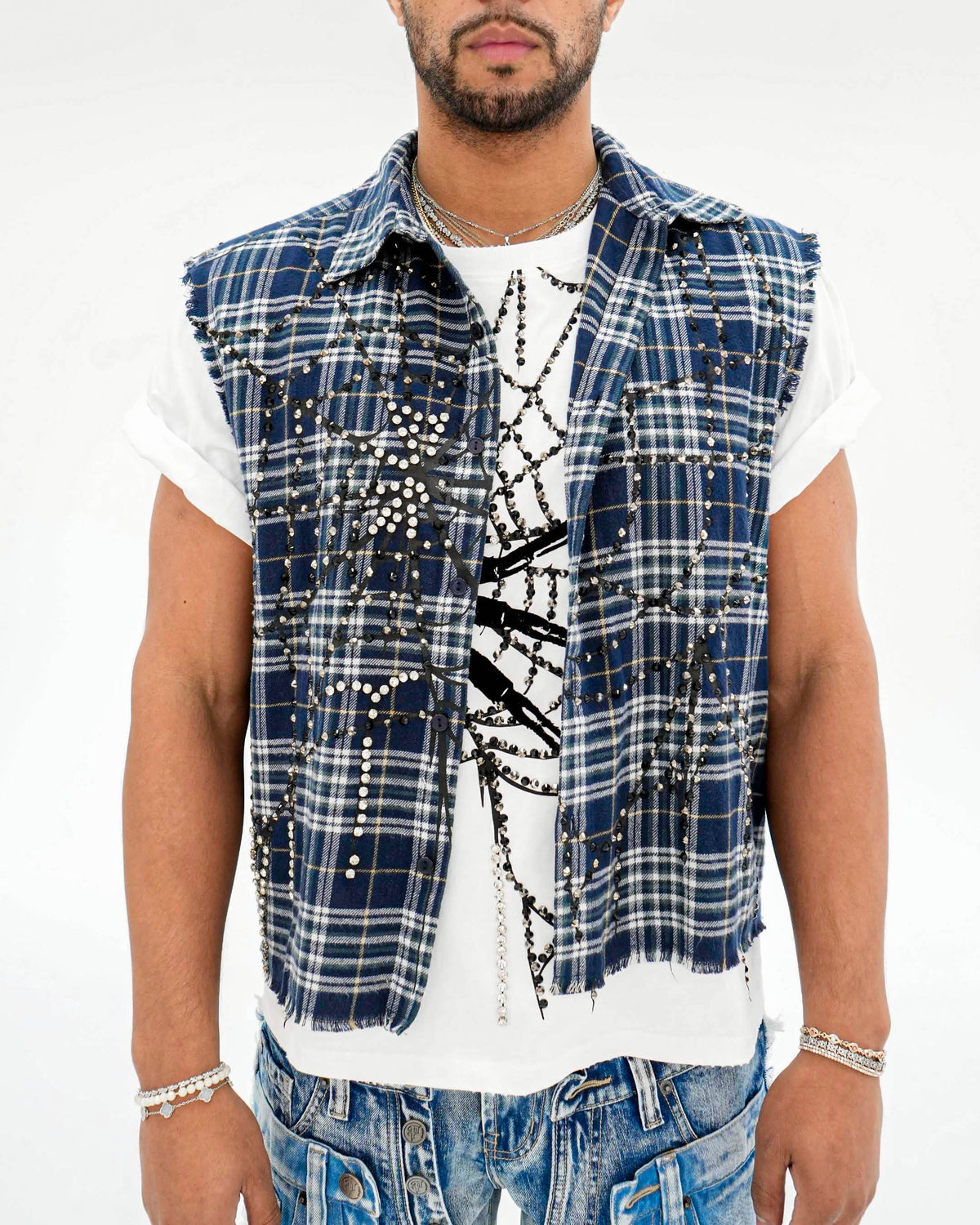 Venom Trap Stoned Blue Plaid Sleeveless Shirt