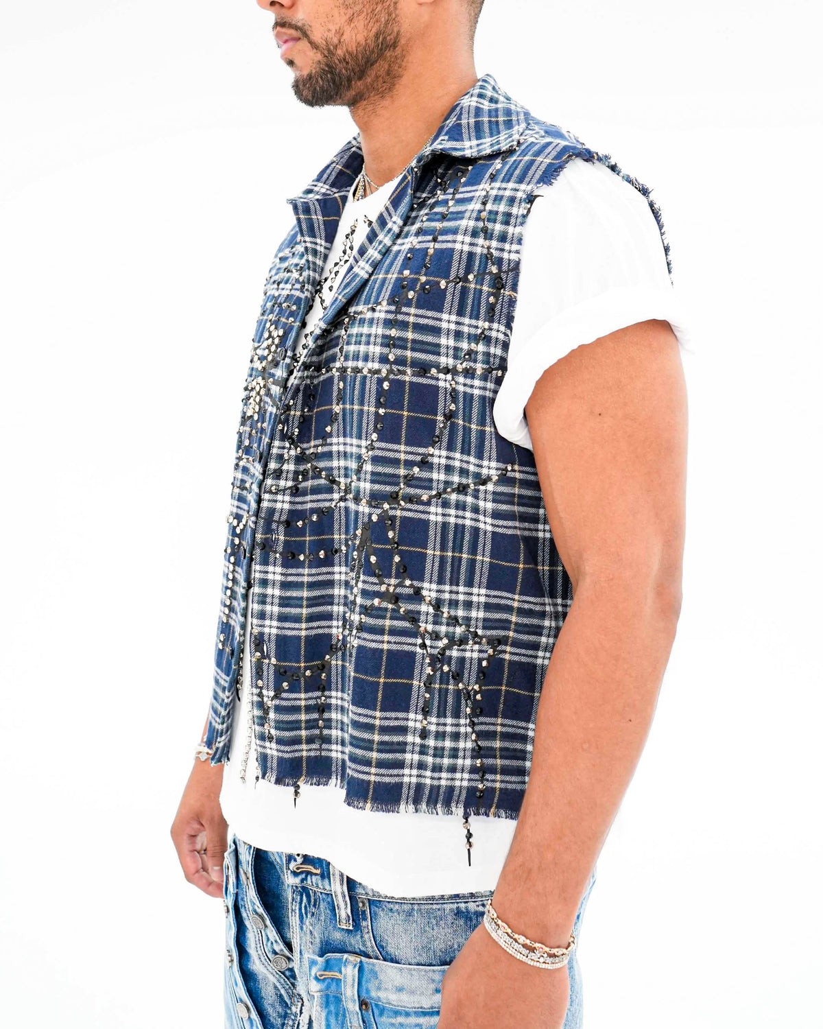 Venom Trap Stoned Blue Plaid Sleeveless Shirt
