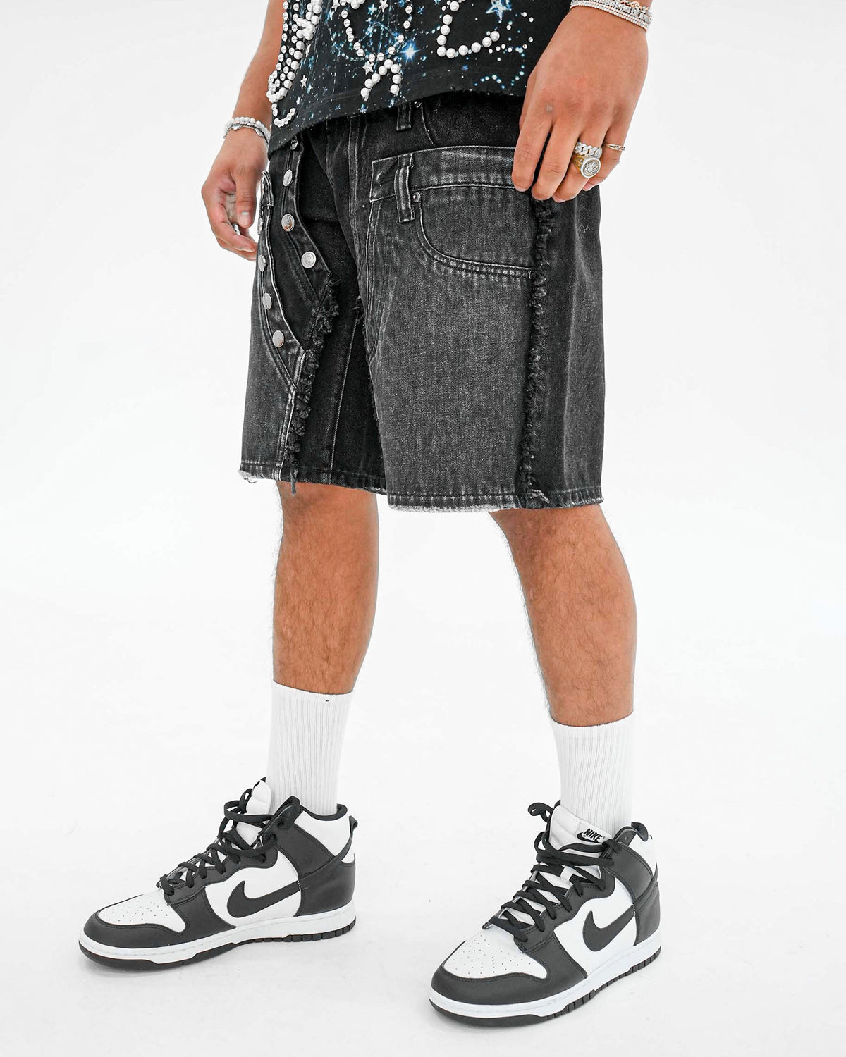 TripleCross Wasitband Black Denim Shorts