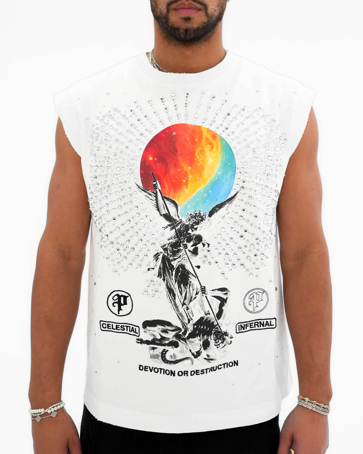 Devotion or Destruction Stoned Sleeveless White T-Shirt