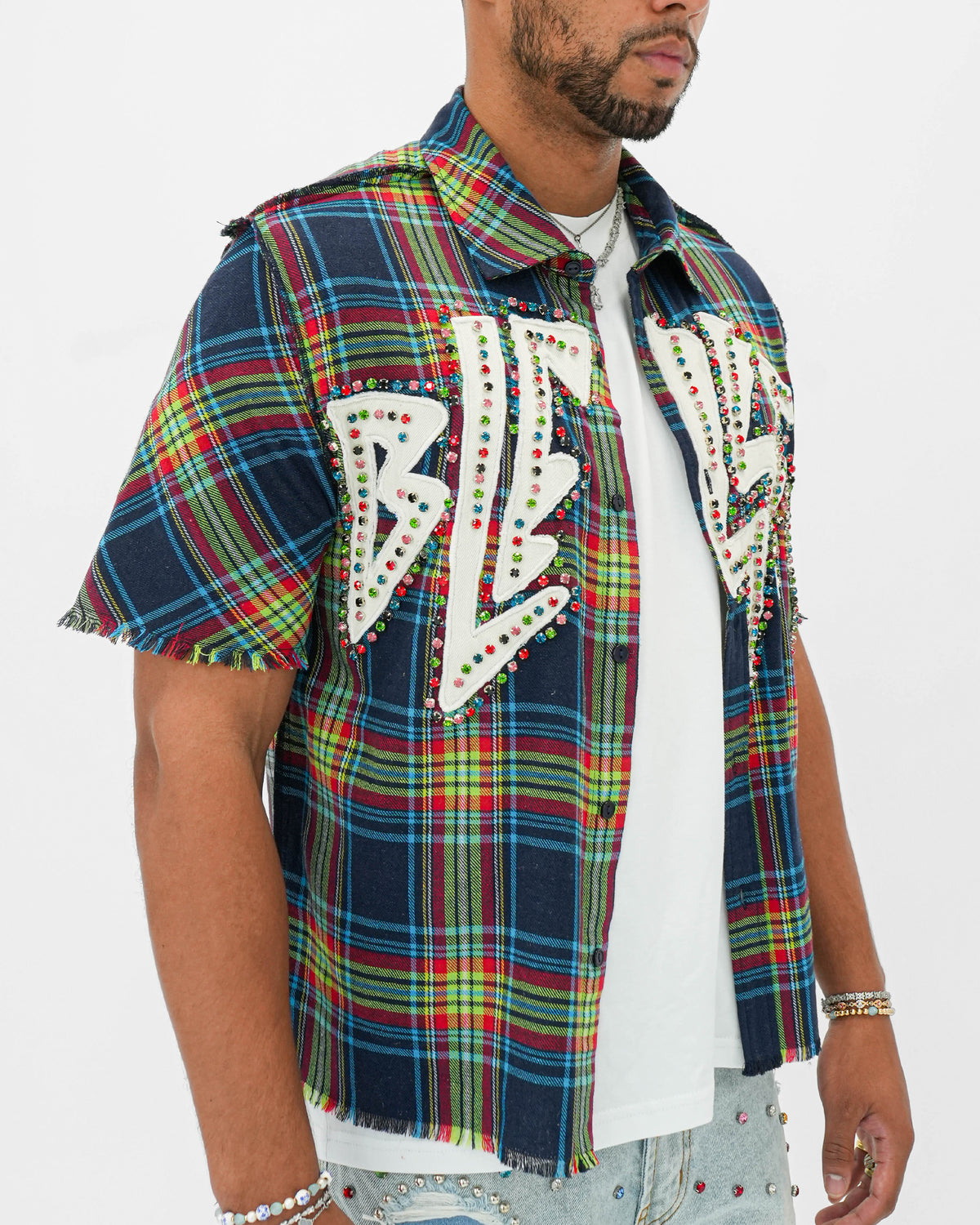 Static Fame Stoned Blue-Green Plaid Shirt