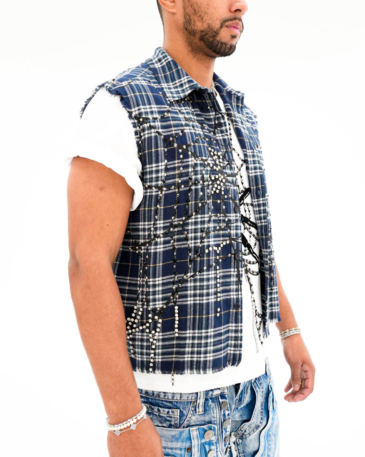 Venom Trap Stoned Blue Plaid Sleeveless Shirt