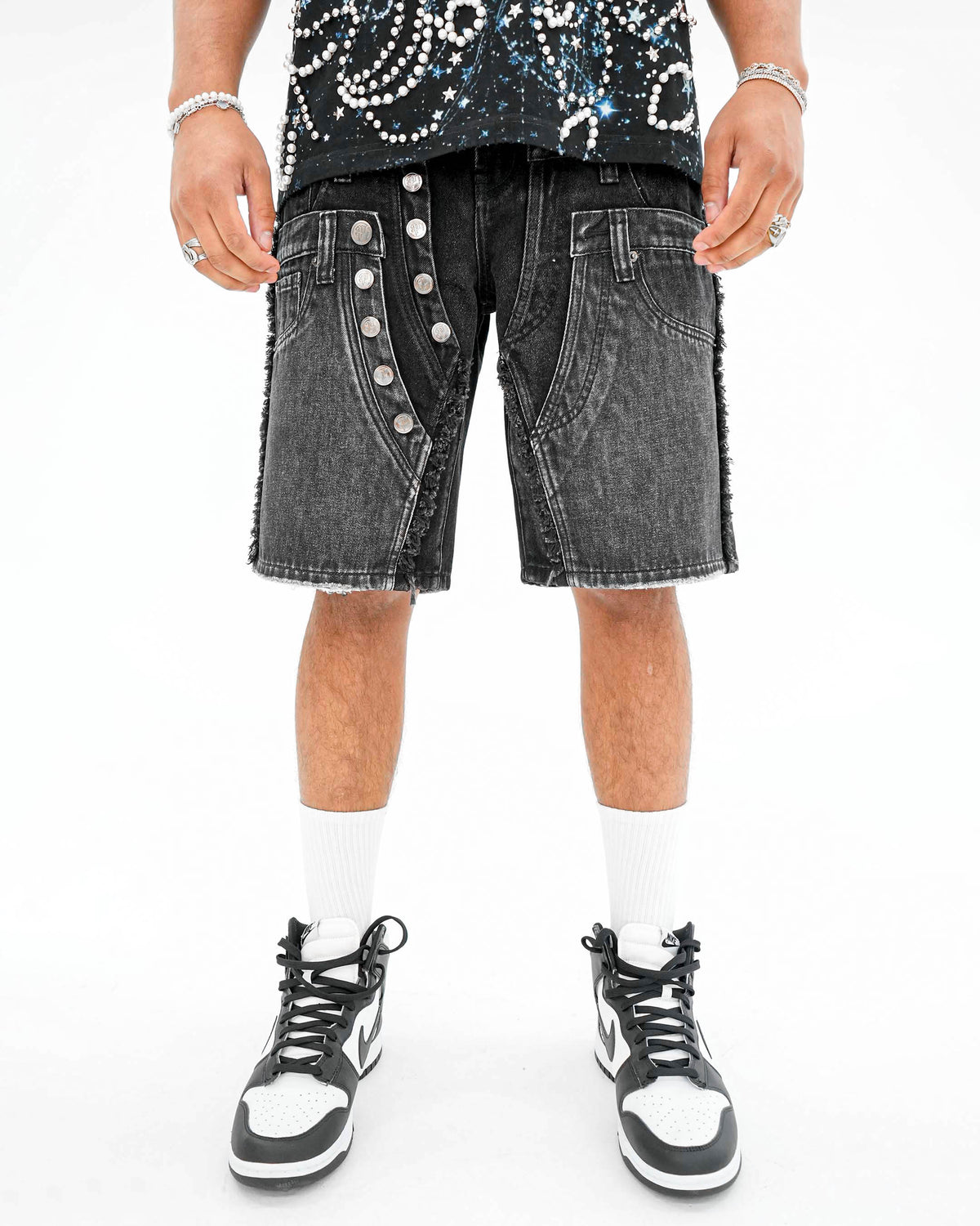 TripleCross Wasitband Black Denim Shorts